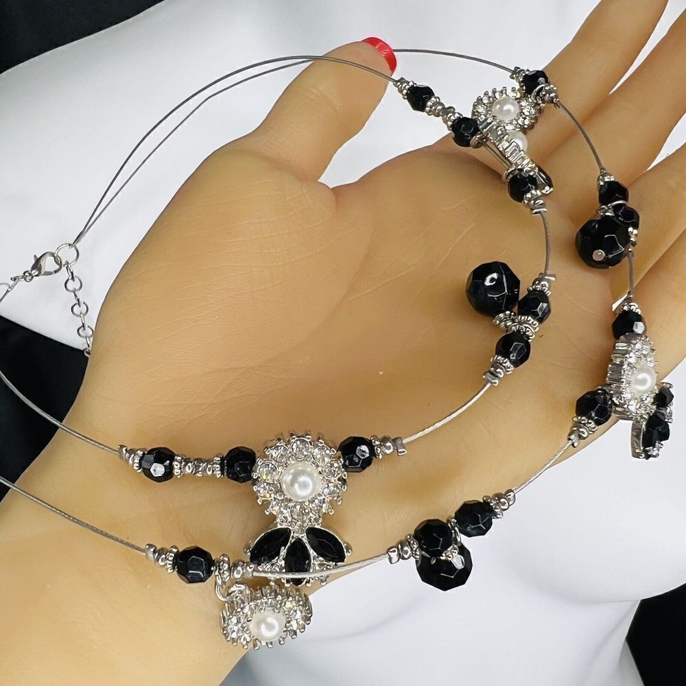 Ruby Rd. Two Strand Wire Layered Rhinestone Necklace Silver Black Tone 4448 - Picture 3 of 10